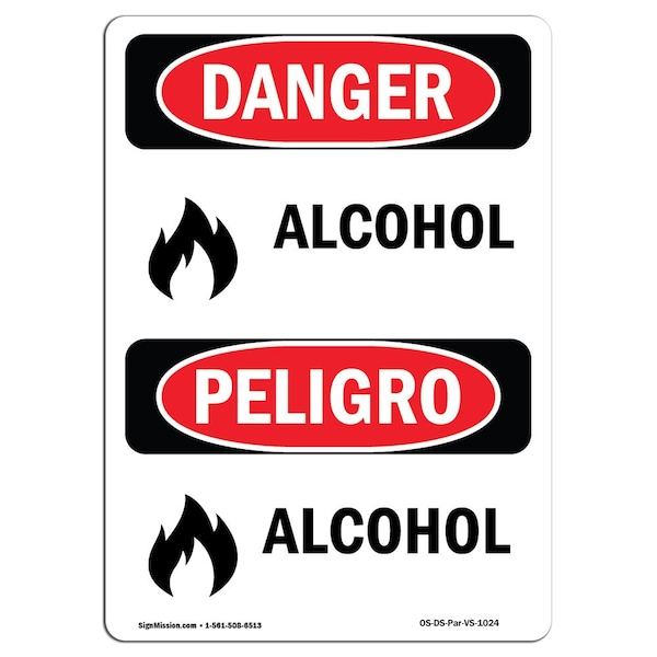 Safety Sign, OSHA Danger, 5" Height, Alcohol, Bilingual Spanish, DS-D-35-VS-1024-10PK